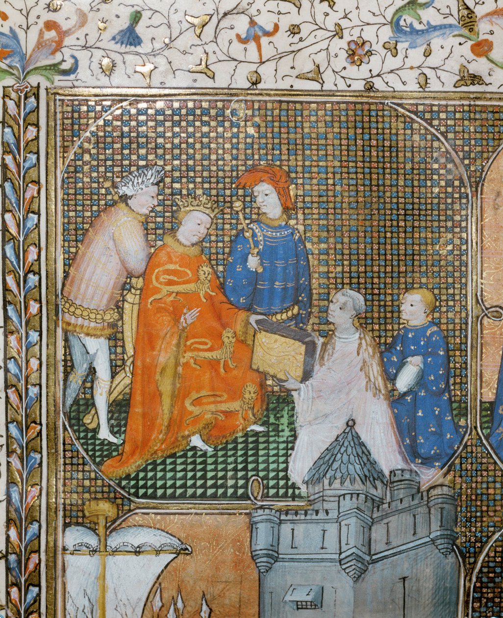 Lo storico Froissart in ginocchio, in abito clericale, presenta le sue Cronache della Guerra dei Cento Anni a Edoardo III ... da Jean Froissart