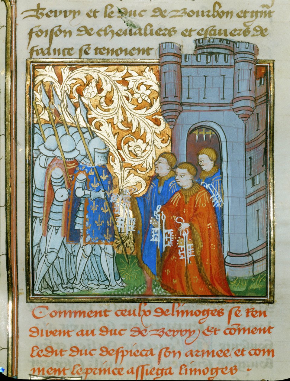 Tre magistrati di Limoges, in abiti da cerimonia, consegnano le chiavi della città al duca di Berry ... da Jean Froissart