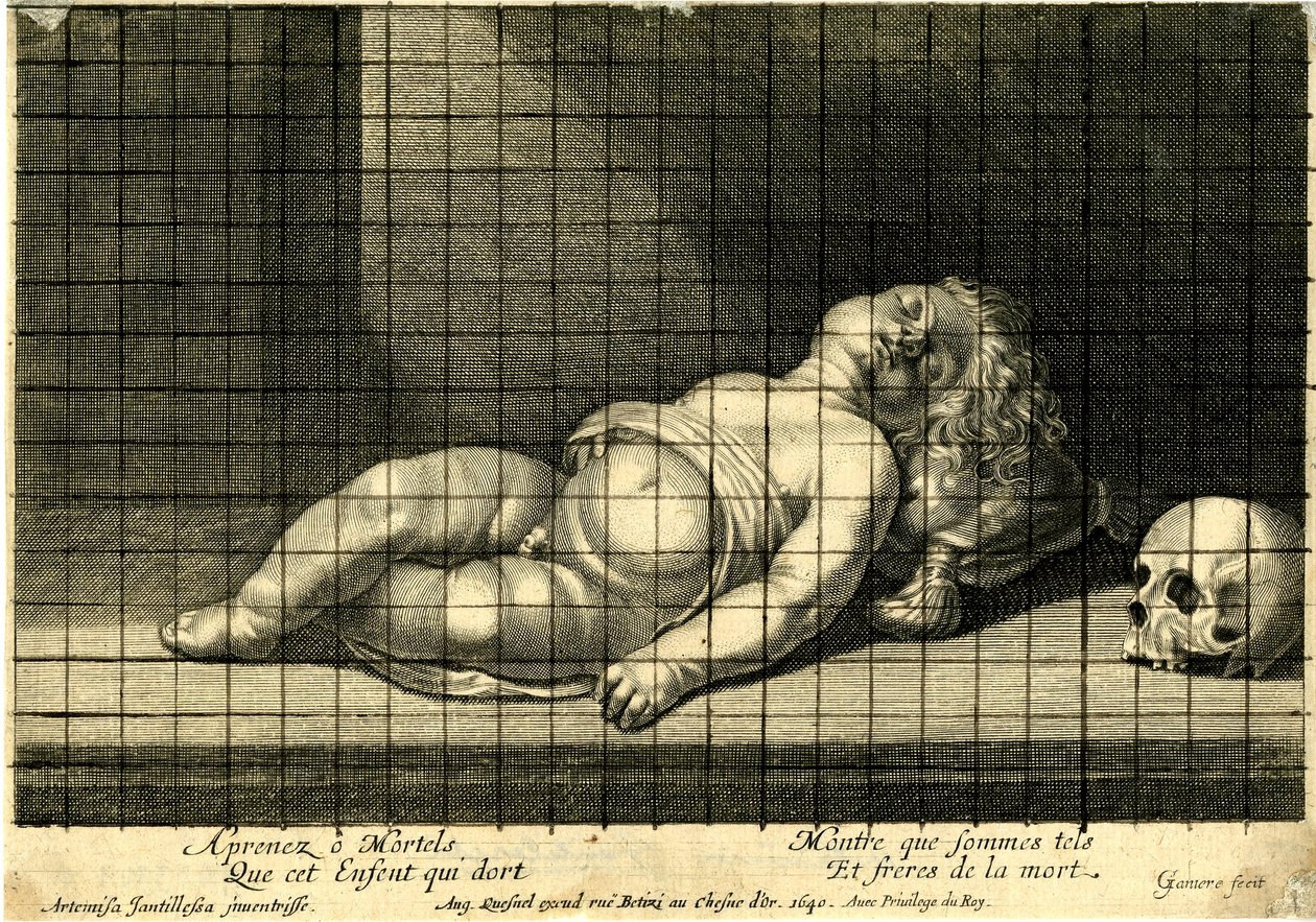 Jean Ganière - Bambino che dorme con la testa appoggiata su un cuscino; teschio a destra. 1640 da Jean Ganière