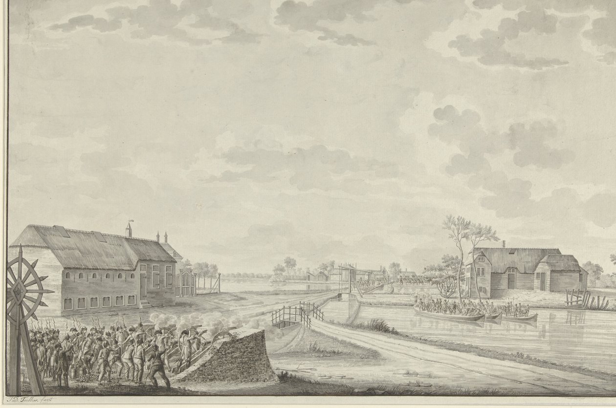 Attacco dei prussiani sotto il colonnello Van Borstel al ponte di Duivendrecht, 1 ottobre 1787 da Jean George Teissier (signed by artist)