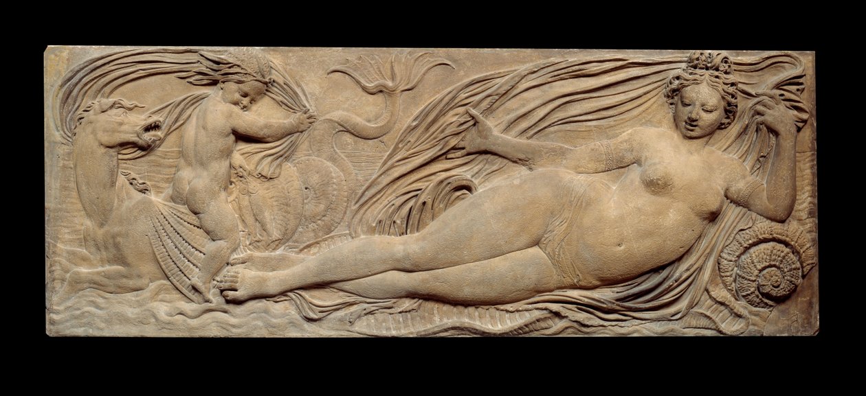 Ninfa e piccolo genio cavalcano un cavallo marino; Ninfa e Tritone circondati da due piccoli geni. Bassorilievo. Scultura in pietra di Jean Goujon da Jean Goujon
