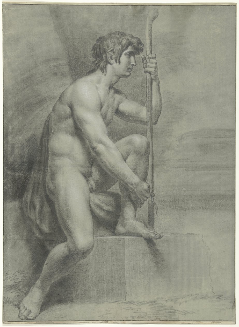 Nudo maschile seduto con bastone e gamba sinistra sollevata da Jean Grandjean