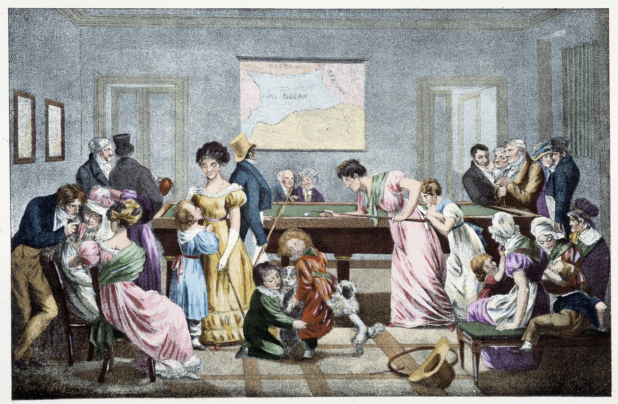 Una sala da biliardo nel XIX secolo: basato su una litografia di Marlet da Jean Henri (after) Marlet