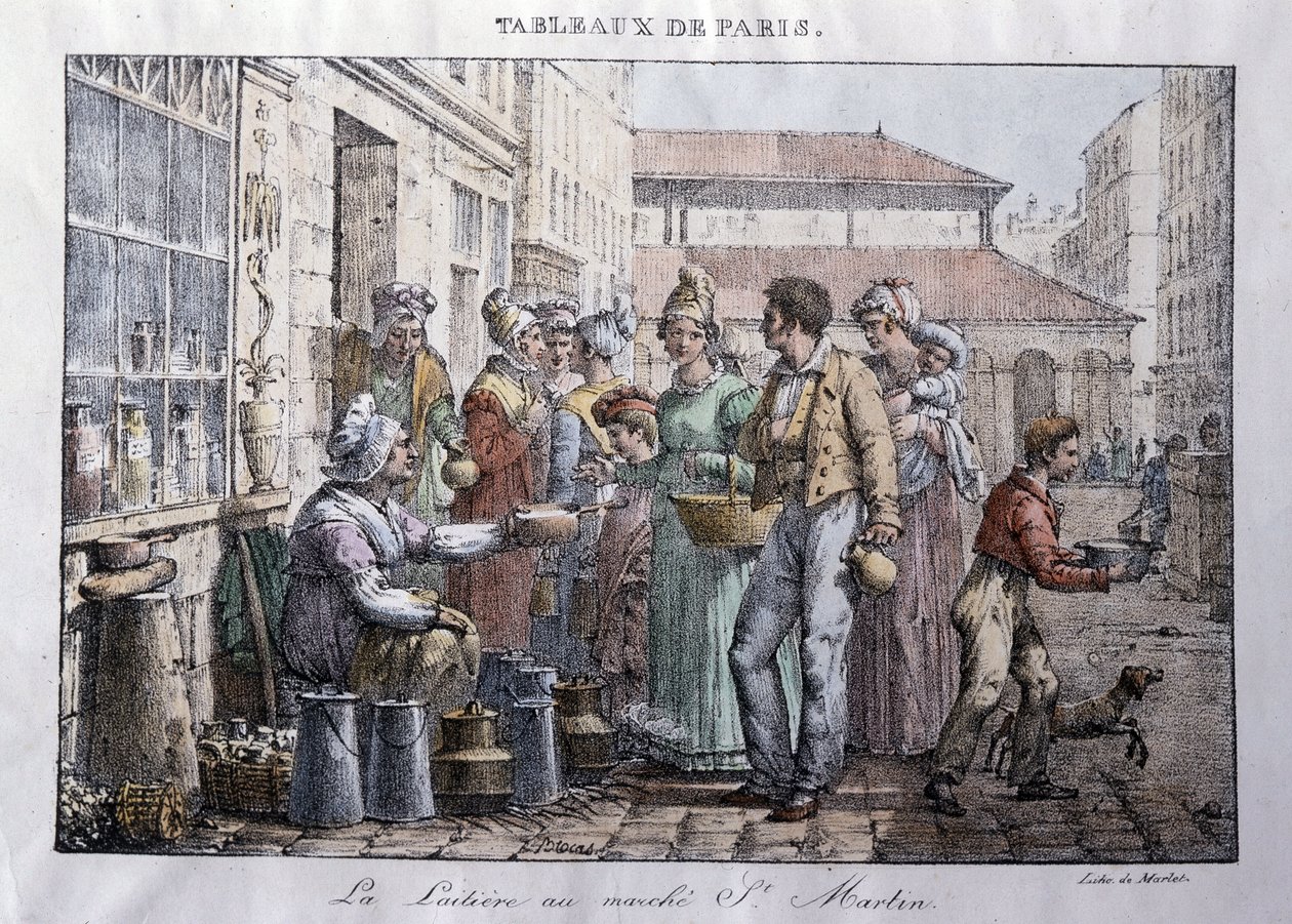 Antico mestiere delle strade di Parigi: La lattaia del mercato Saint Martin (Saint-Martin) - Incisione di Jean Henry Marlet (1771-1847) in “Les Tableaux de Paris”, serie di 72 stampe, fine del XIX secolo da Jean Henri Marlet