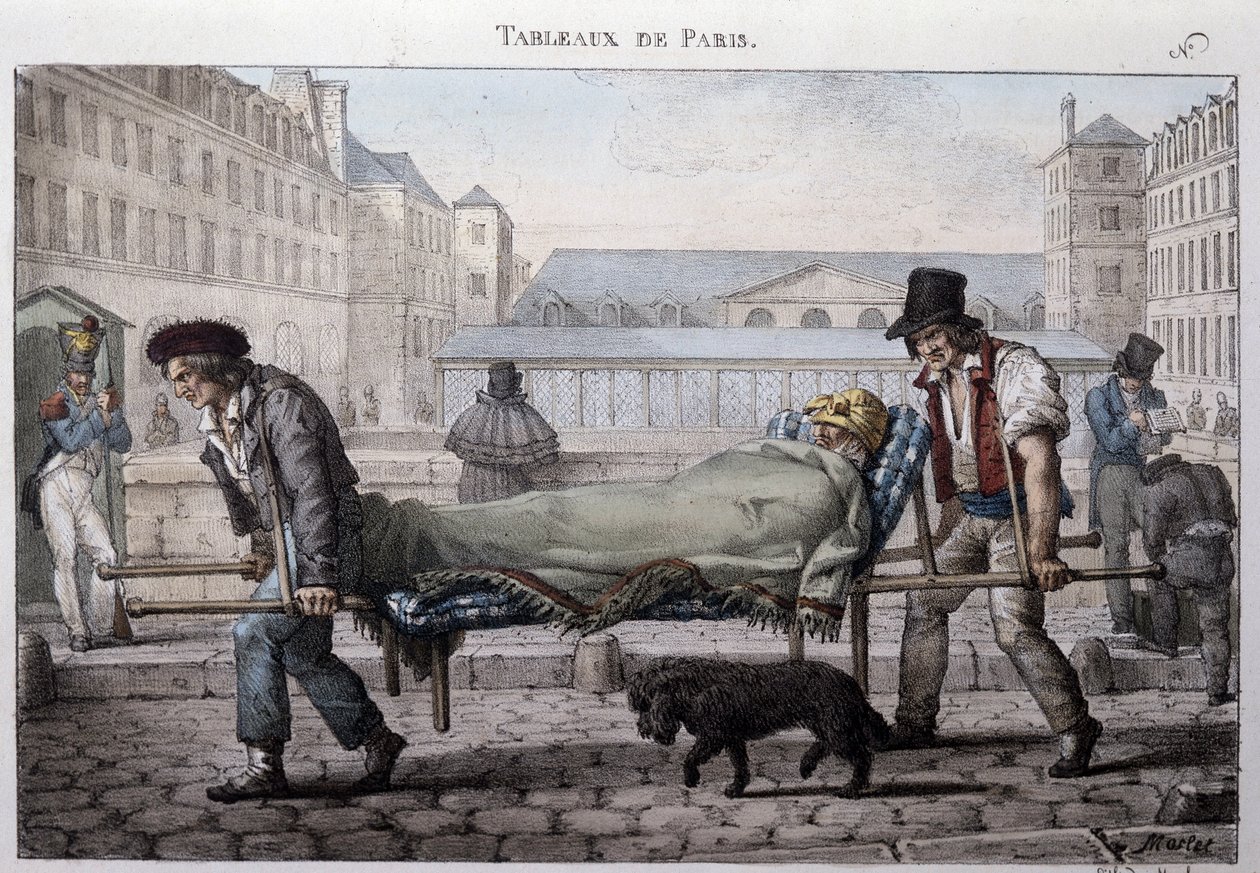 Antico mestiere delle strade di Parigi: il povero paziente portato all