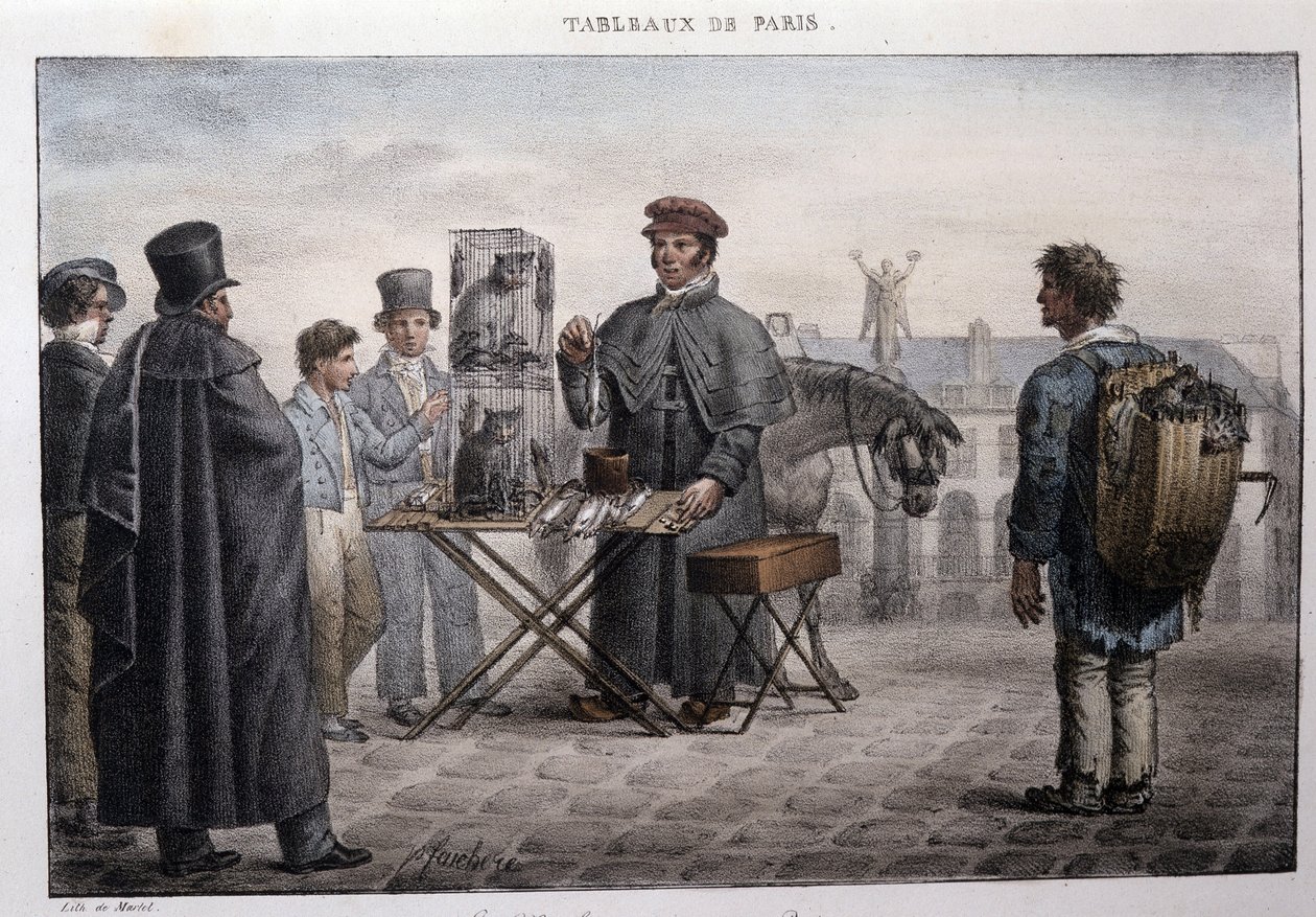 Antica strada dei mestieri a Parigi: il mercante di morte dei topi (camelot). Incisione di Jean Henry Marlet (1771-1847) in "Les Tableaux de Paris", serie di 72 stampe, fine XIX secolo da Jean Henri Marlet