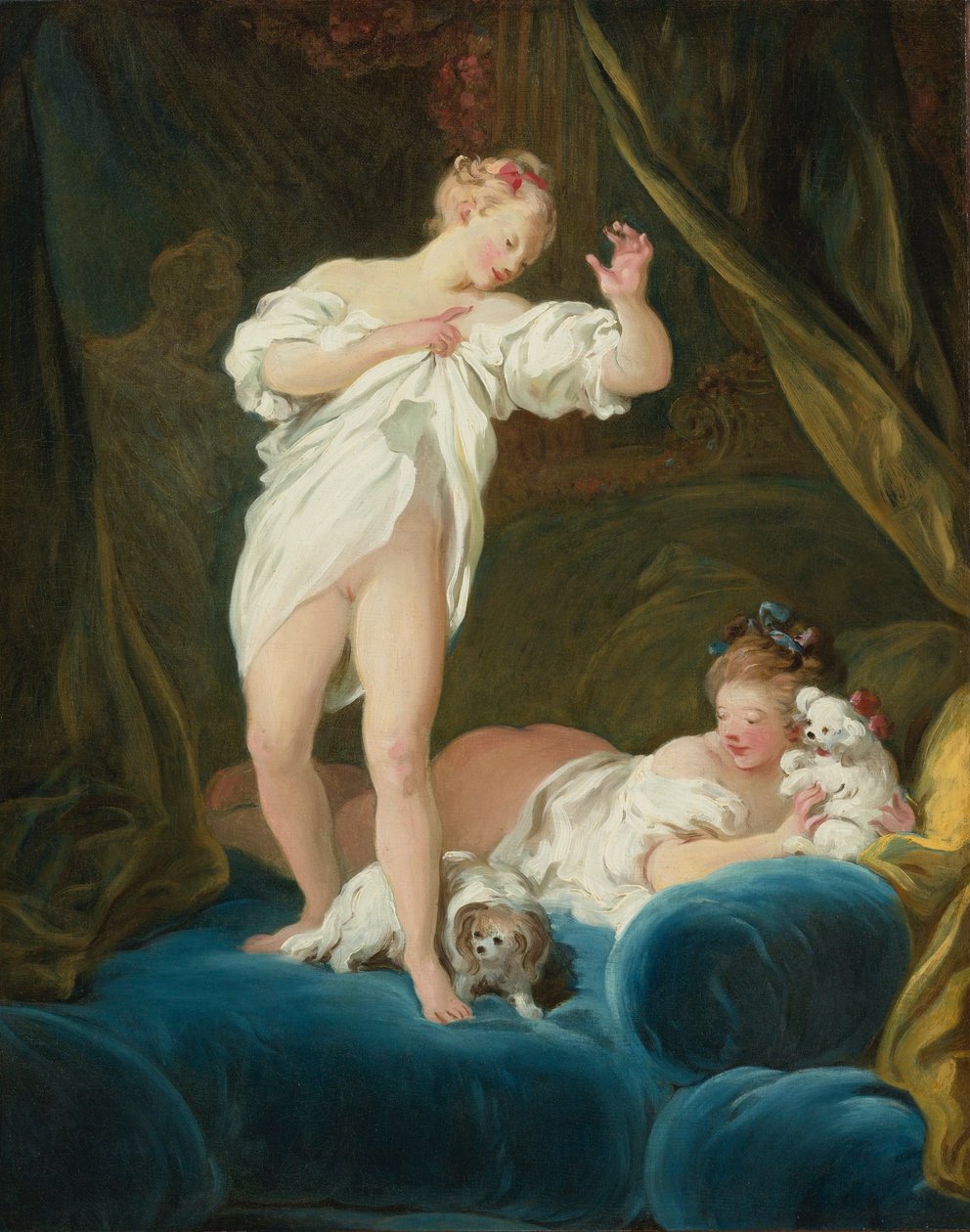 Due ragazze su un letto che giocano con i loro cani da Jean-Honore Fragonard