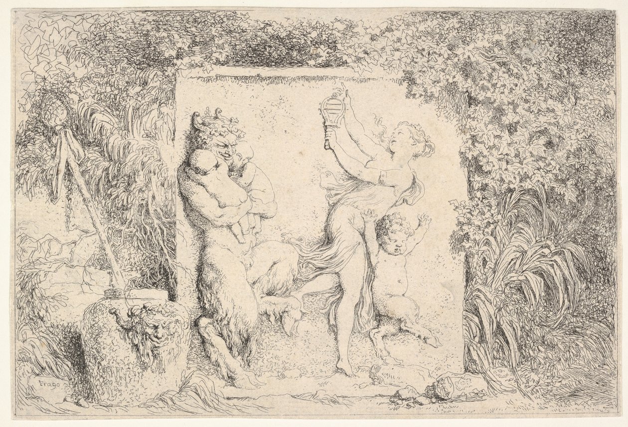Un bassorilievo che raffigura un satiro a sinistra che tiene due bambini, un altro bambino satiro a destra..., 1763 da Jean Honore Fragonard
