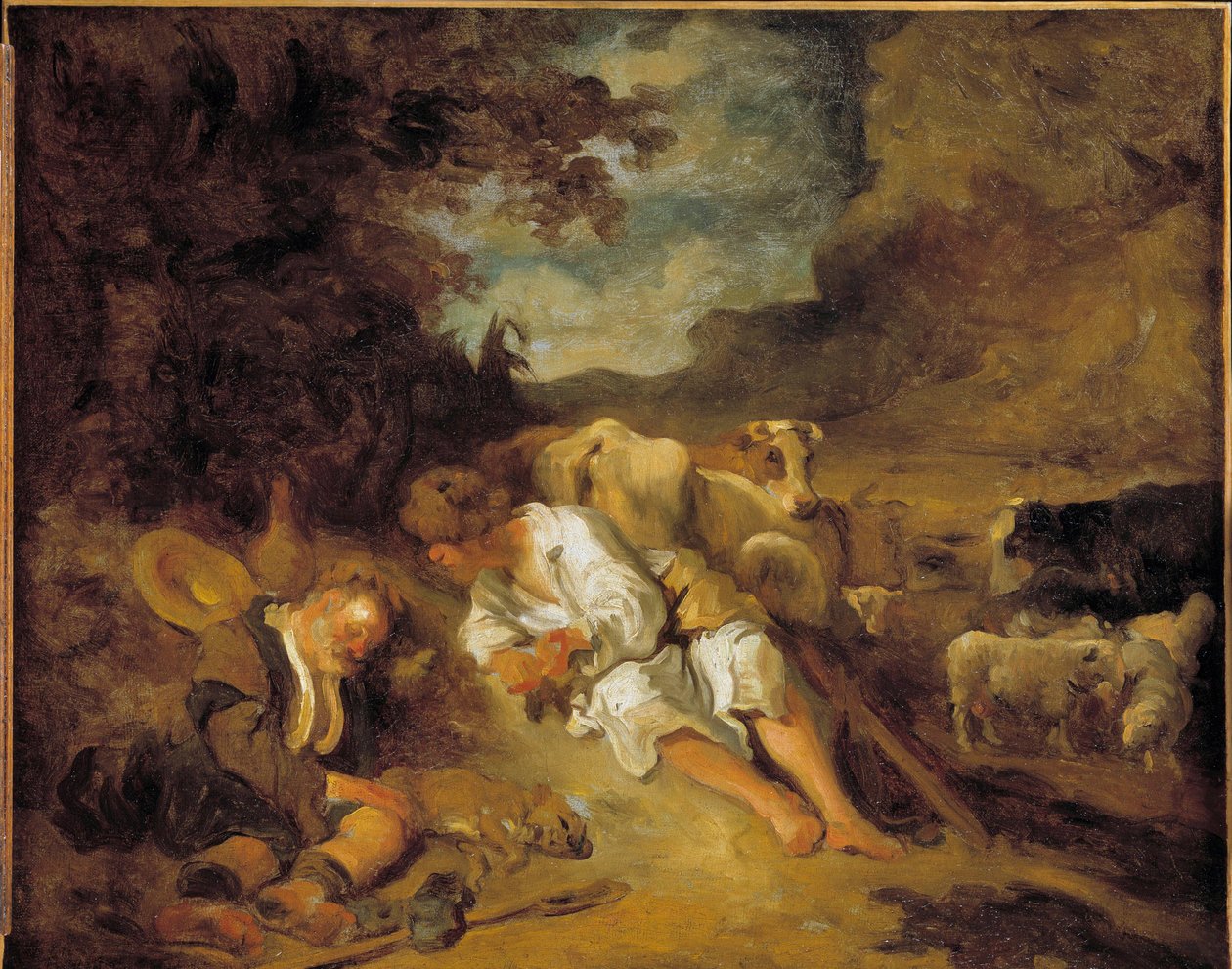 Mercurio e Argo incaricato da Giunone di sorvegliare Io trasformata in mucca, Argo si addormenta. Travestito da pastore, Mercurio predica per ucciderlo e liberare la ninfa amata da Giove da Jean Honore Fragonard