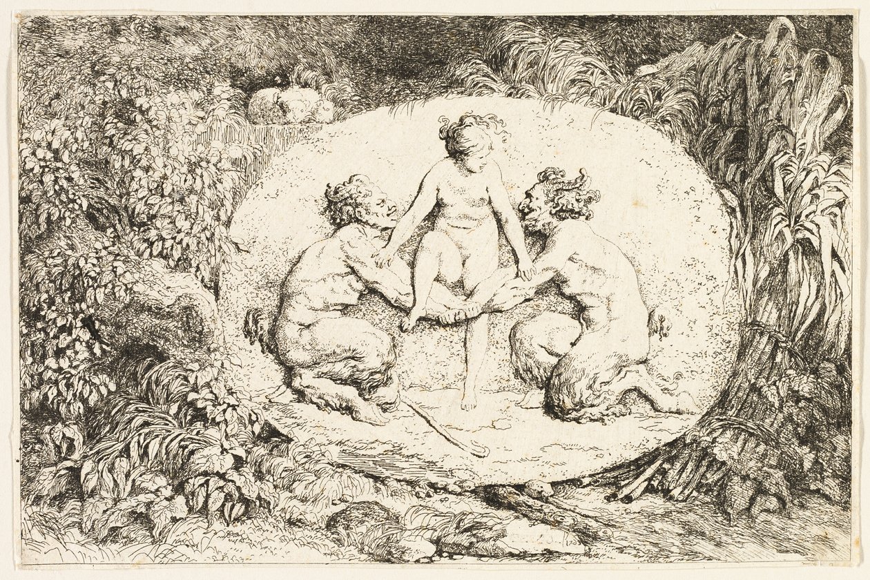 Ninfa seduta sulle mani di due satiri dai Baccanali, o Giochi dei satiri da Jean Honore Fragonard