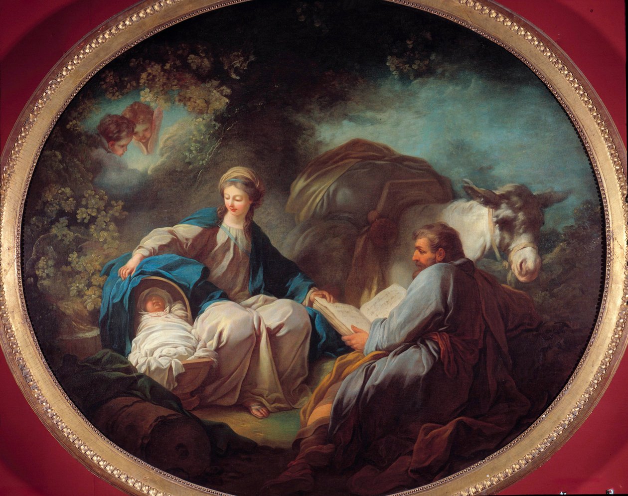Riposo durante la fuga in Egitto La sacra famiglia si riposa durante il viaggio. Dipinto di Jean Honore Fragonard (1732-1806) XVIII secolo Collezione privata da Jean Honore Fragonard