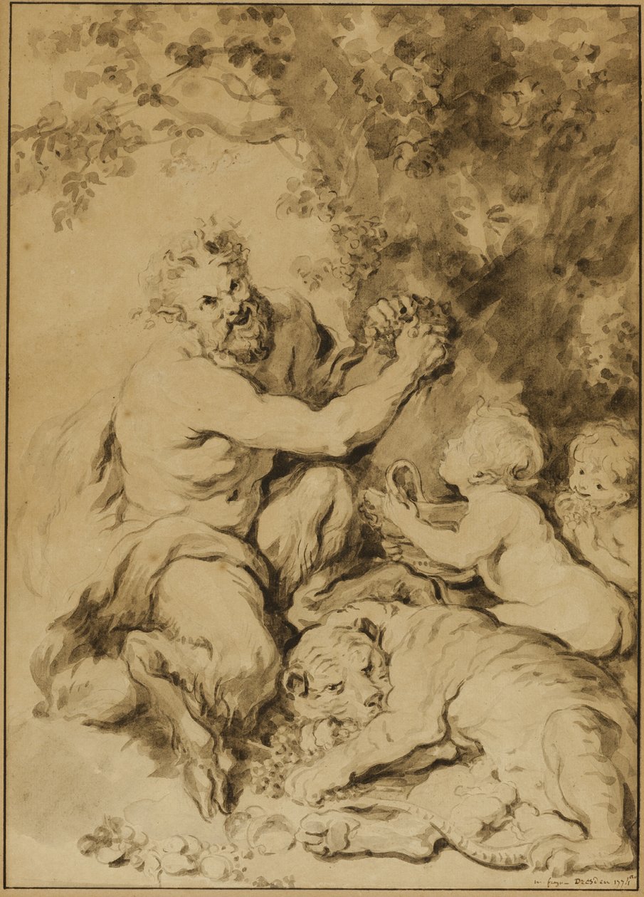 Satiro che preme uva accanto a una tigre da Jean-Honore Fragonard