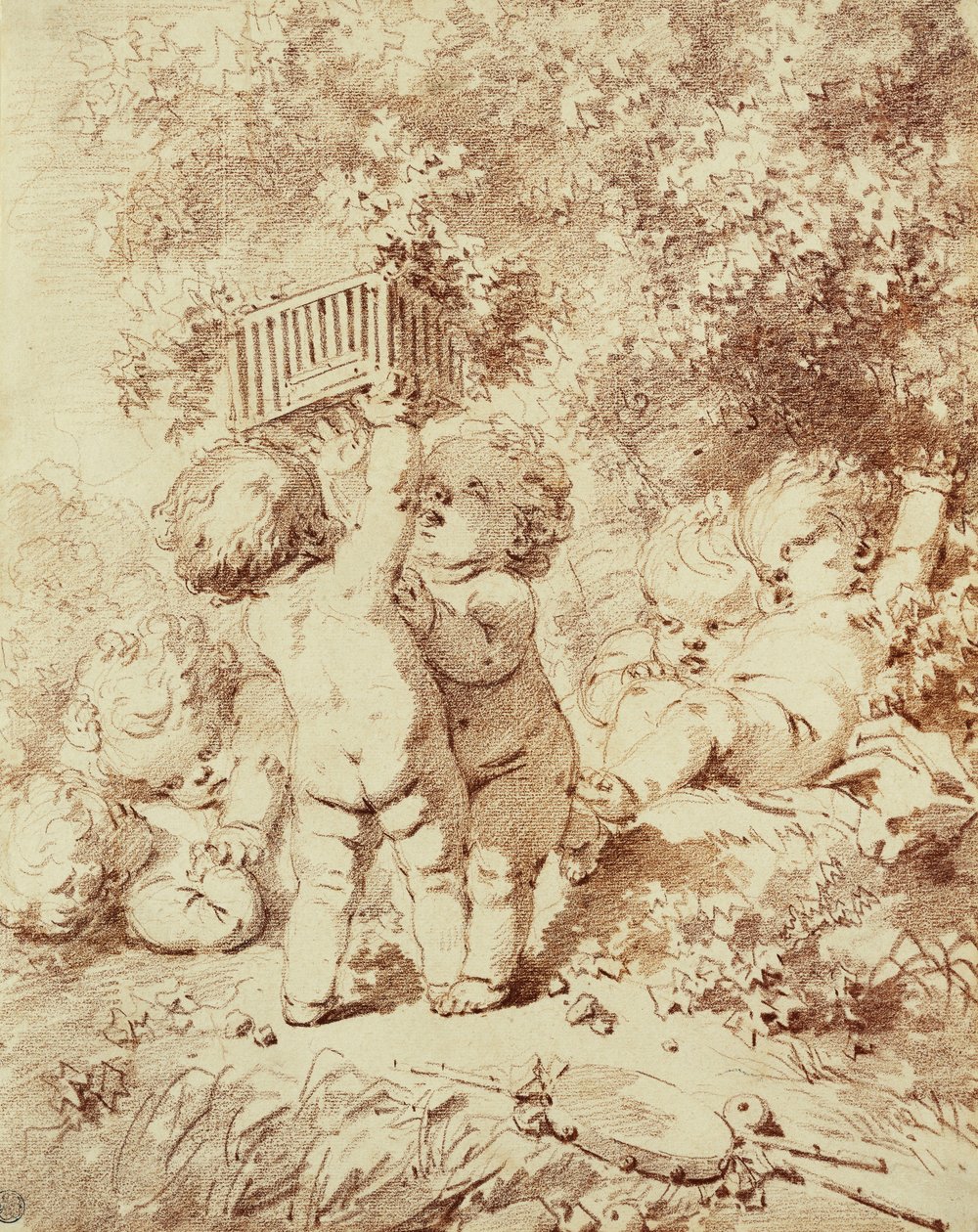 Sei putti che giocano, due che tengono una gabbia da Jean Honore Fragonard