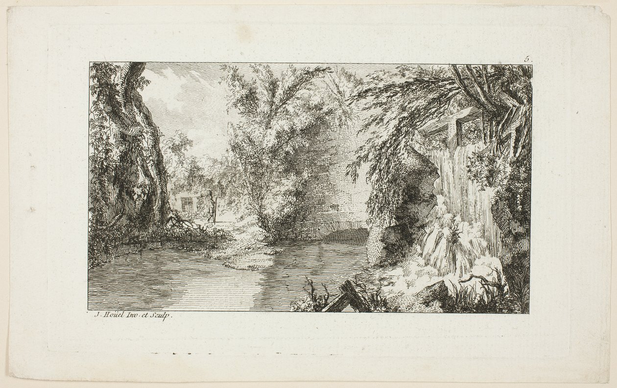 Paesaggio con camminatore e cascata, tavola 5 della seconda suite Livre de paysages (Libro dei paesaggi) da Jean Hoüel