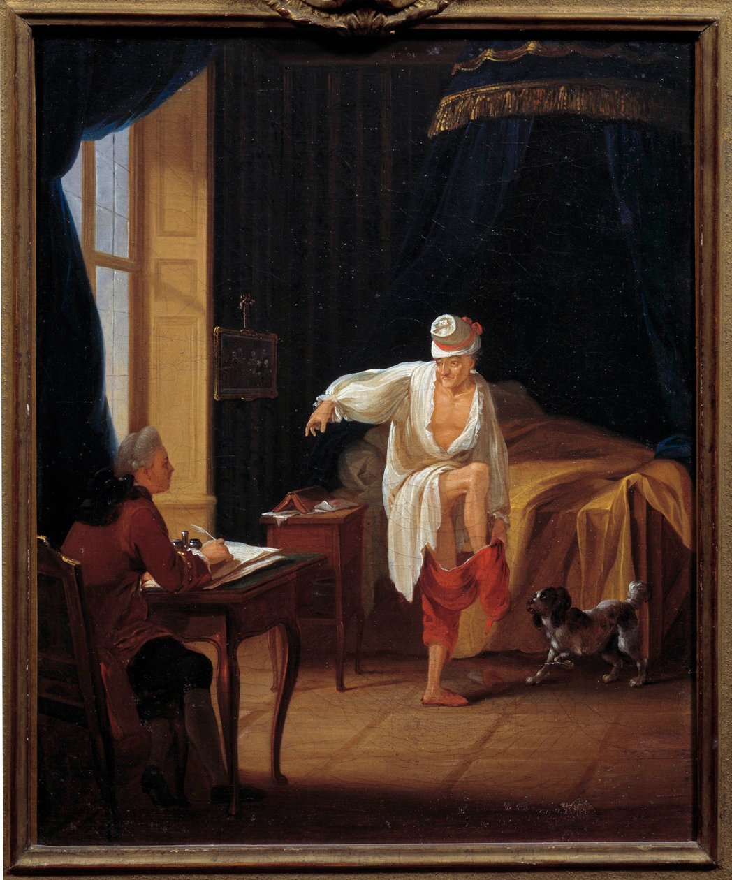 Lo scrittore e filosofo Voltaire (1694-1778) detta al suo segretario Collini a Ferney da Jean Huber