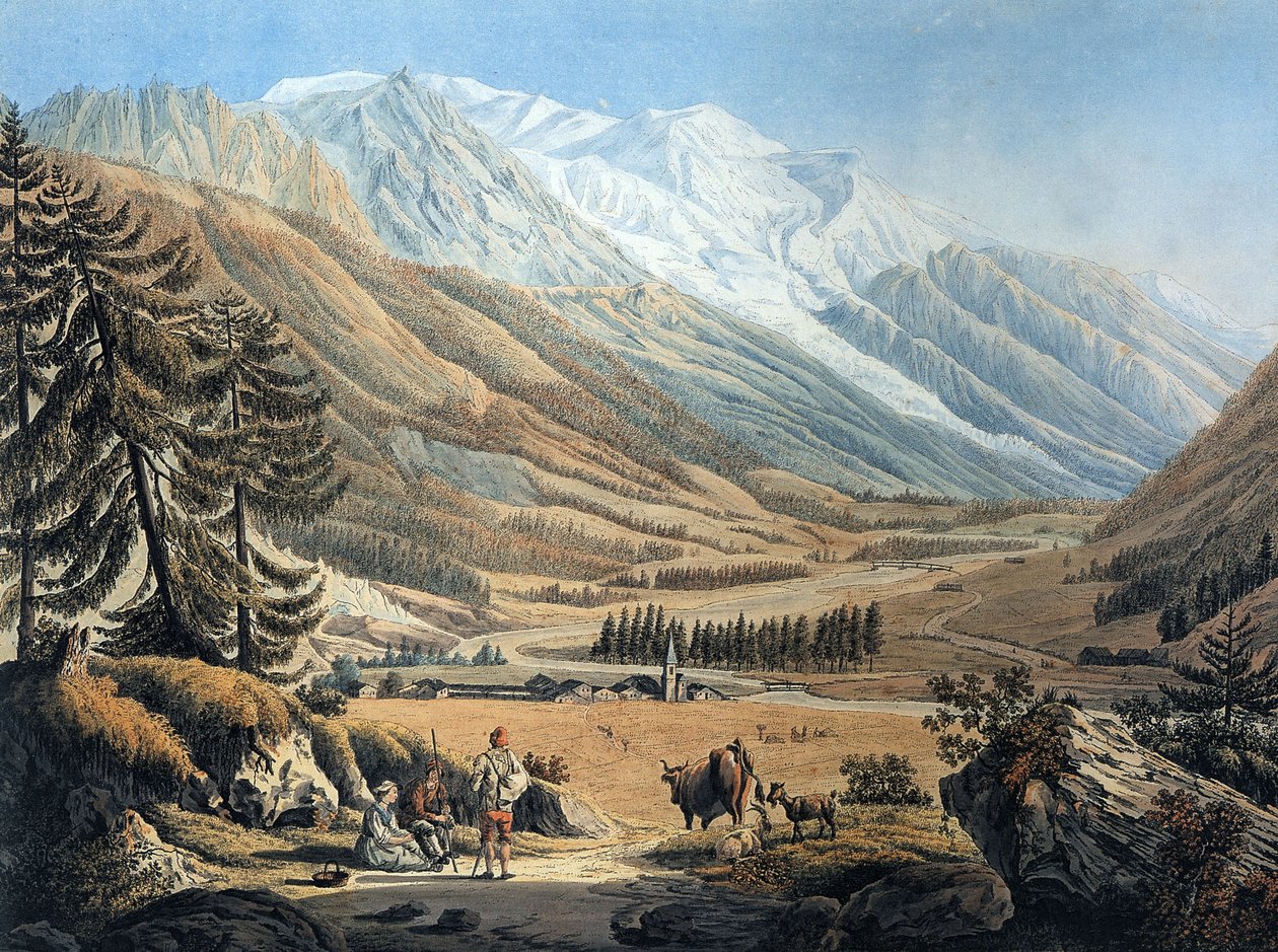 veduta della valle di Chamonix, dal villaggio di Argentiere di Jean Daniel Huber durante un viaggio del 1785 circa (incisione) da Jean Huber