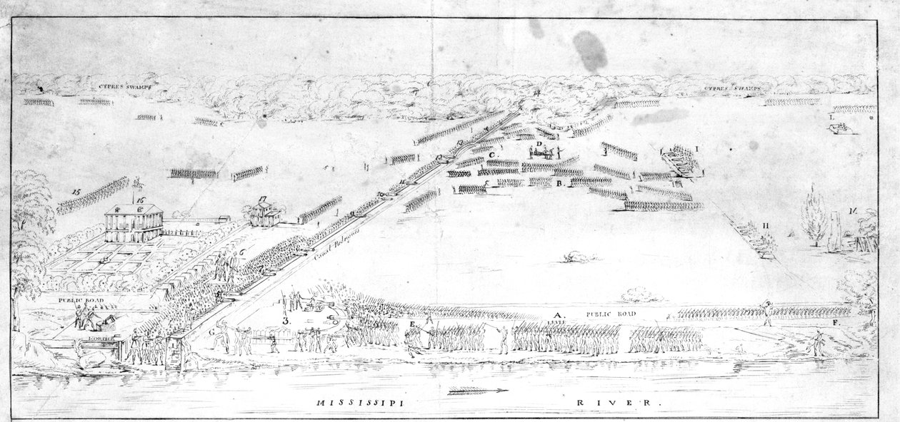 Veduta della battaglia vicino alla piantagione di Chalmette, 8 gennaio 1815 da Jean Hyacinthe Laclotte