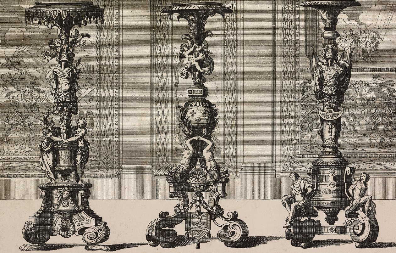 Grandi candelabri in bronzo, incisione di Jean Berain (1640-1711) da L