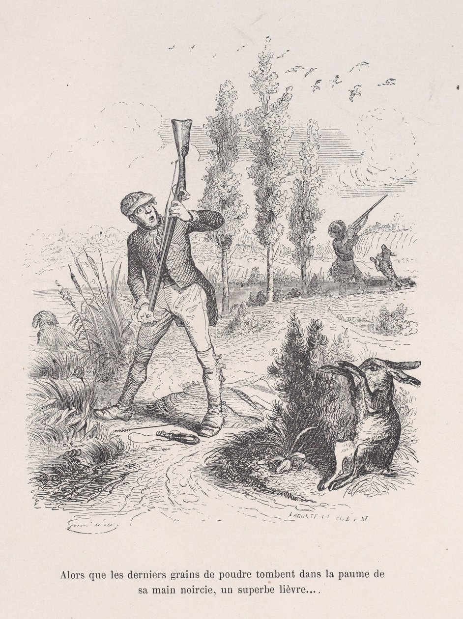 Mentre gli ultimi granelli di polvere cadono nel palmo della sua mano annerita, una lepre superba... da Jean Ignace Isidore Gérard