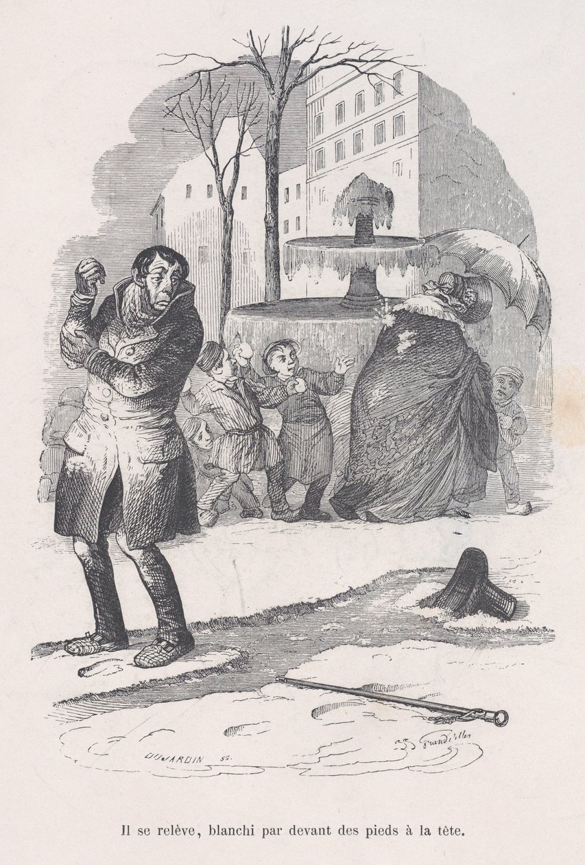 Si alza, coperto dalla testa ai piedi di neve. dalle Piccole Miserie della Vita Umana, 1843 da Jean Ignace Isidore Gérard