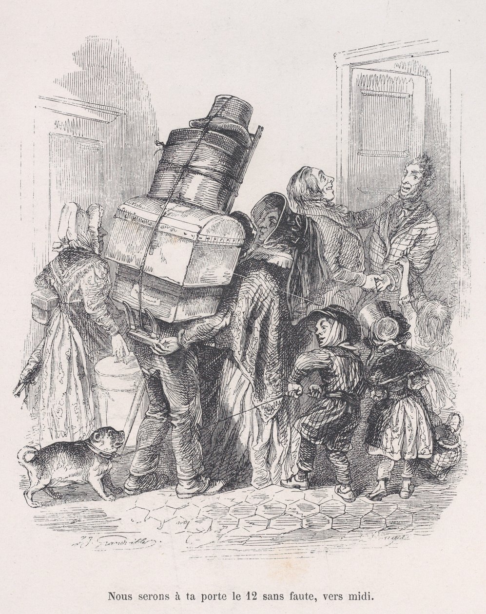 Saremo alla tua porta a mezzogiorno senza fallo. dalle Piccole Miserie della Vita Umana, 1843 da Jean Ignace Isidore Gérard