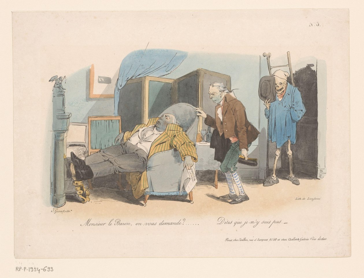 Il barone viene preso da un becchino e dalla Morte (Reis naar de eeuwigheid) da Jean Ignace Isidore Gérard Grandville