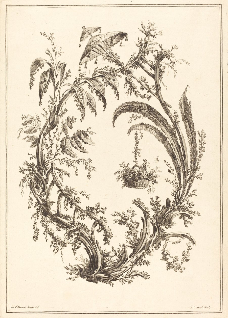 Ornamento con Parasole e Cesto Appeso da Jean Jacques Avril I after Jean Baptiste Pillement