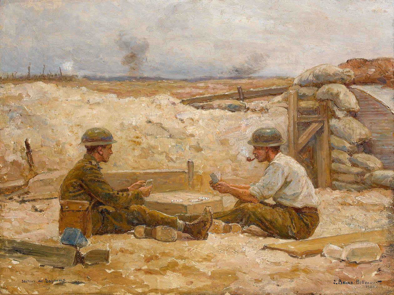Due ufficiali britannici che giocano a carte fuori dal loro rifugio, Settore di Bapaume, 1918-20 da Jean Jacques Berne Bellecour
