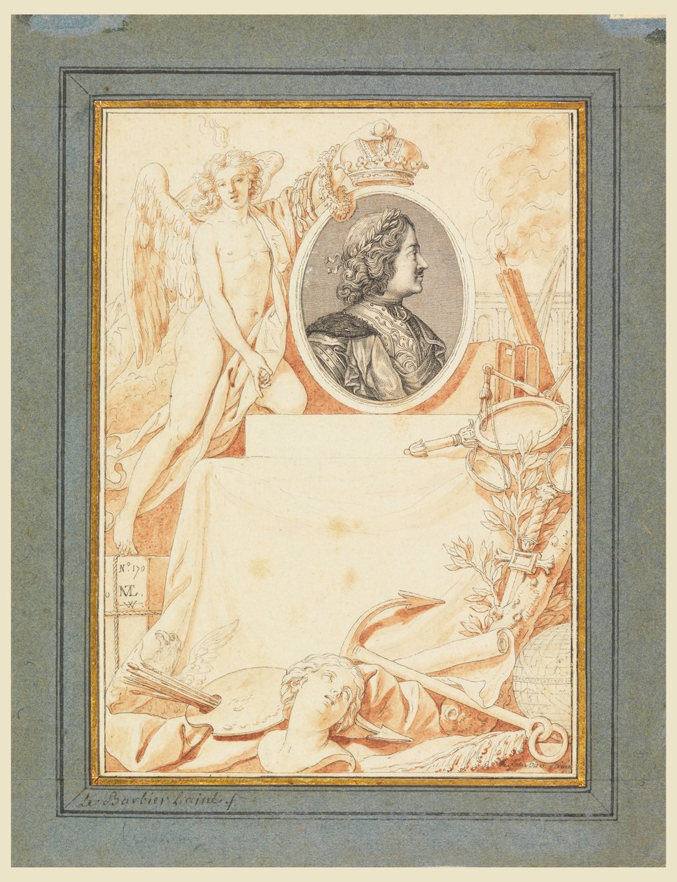 Disegno, frontespizio di una storia di Pietro il Grande, 1780 ca. da Jean Jacques Francois Le Barbier