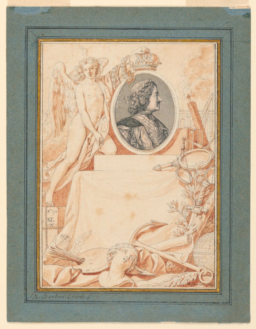 Disegno, frontespizio di una storia di Pietro il Grande, 1780 ca. da Jean Jacques Francois Le Barbier