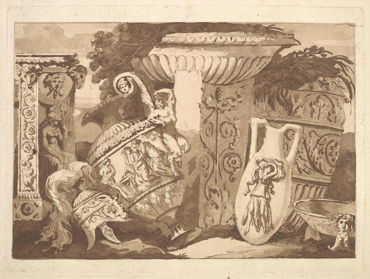 Composizione con frammenti antichi e un vaso inclinato, da Recueil de Compositions da Jean Jacques Lagrenee