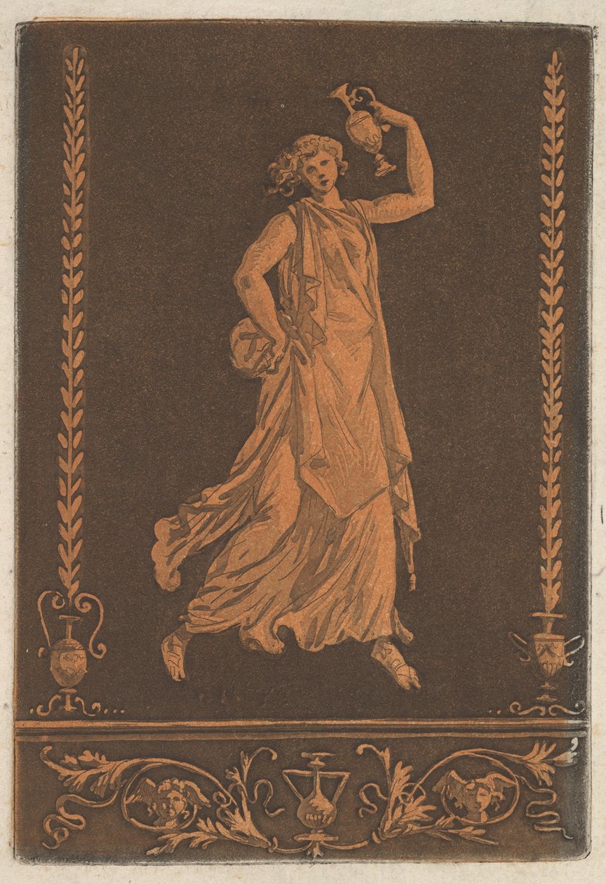 Giovane donna drappeggiata, che cammina da sinistra a destra, portando un vaso di metallo, ca. 1784 da Jean Jacques Lagrenee