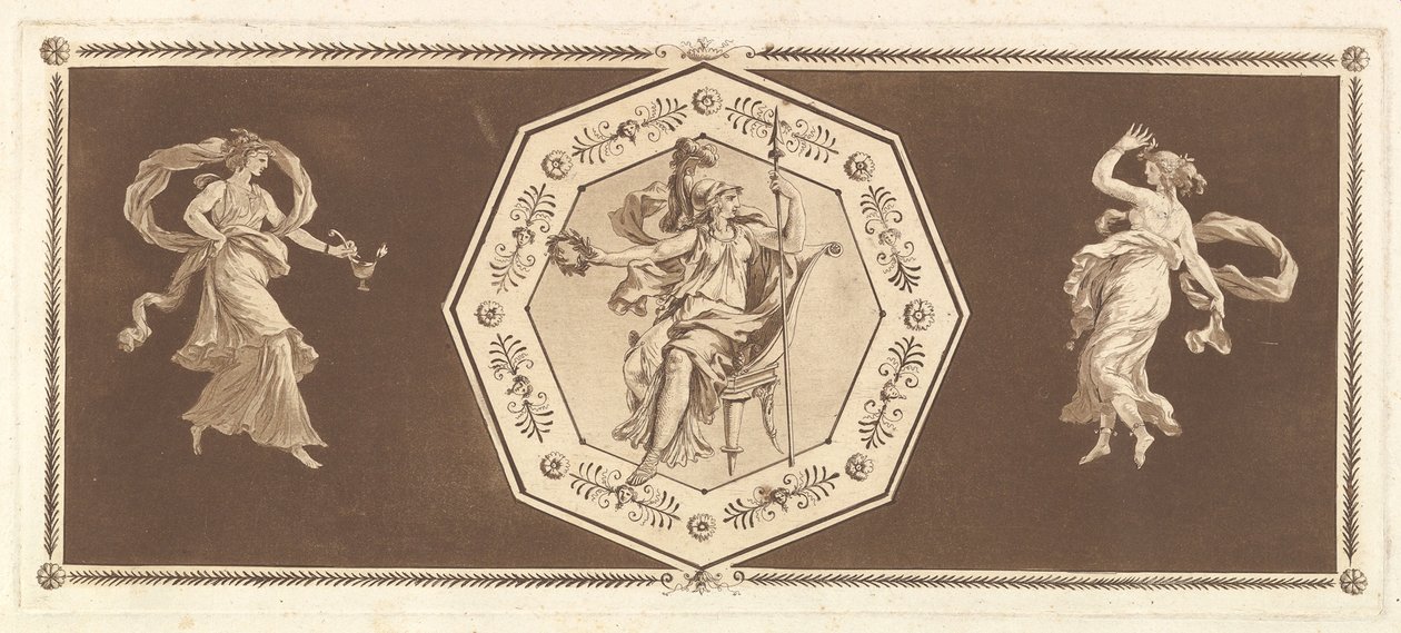 Minerva seduta in un ottagono decorativo, con una figura a sinistra e a destra la Notte..., 1784 da Jean Jacques Lagrenee