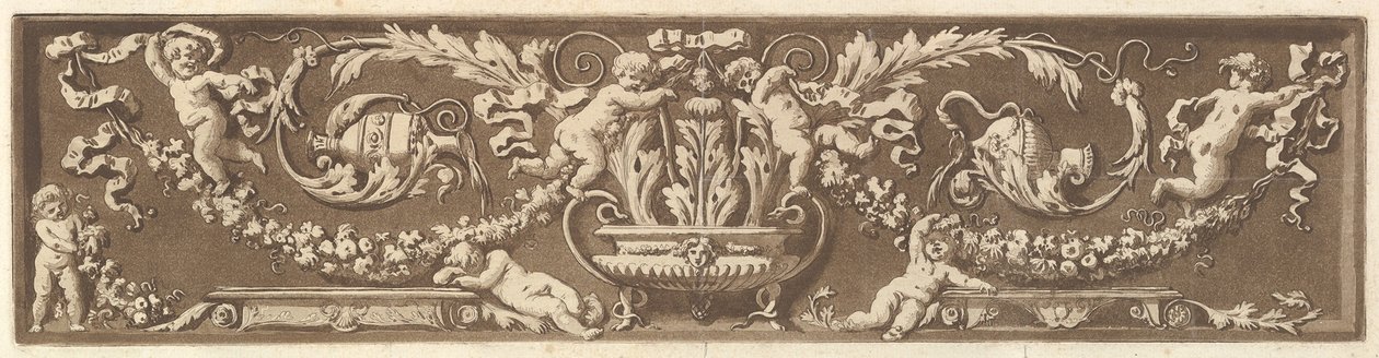 Fregio ornamentale con putti, foglie di acanto e ghirlande di frutta da Jean Jacques Lagrenee