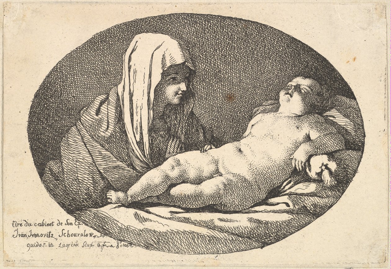 La Vergine a sinistra che guarda il Cristo bambino mentre dorme, una composizione ovale da Jean Jacques Lagrenee