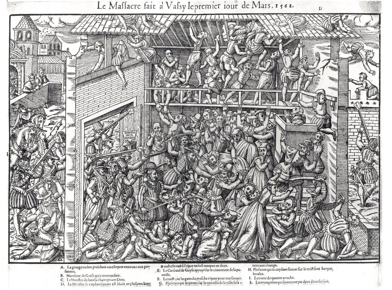 Il massacro della popolazione protestante da parte delle truppe del Duca di Guise a Wassy-sur-Blaise, 1 marzo 1562, inciso da Jacques Tortorel (1568-92) da Jean Jacques Perrissin
