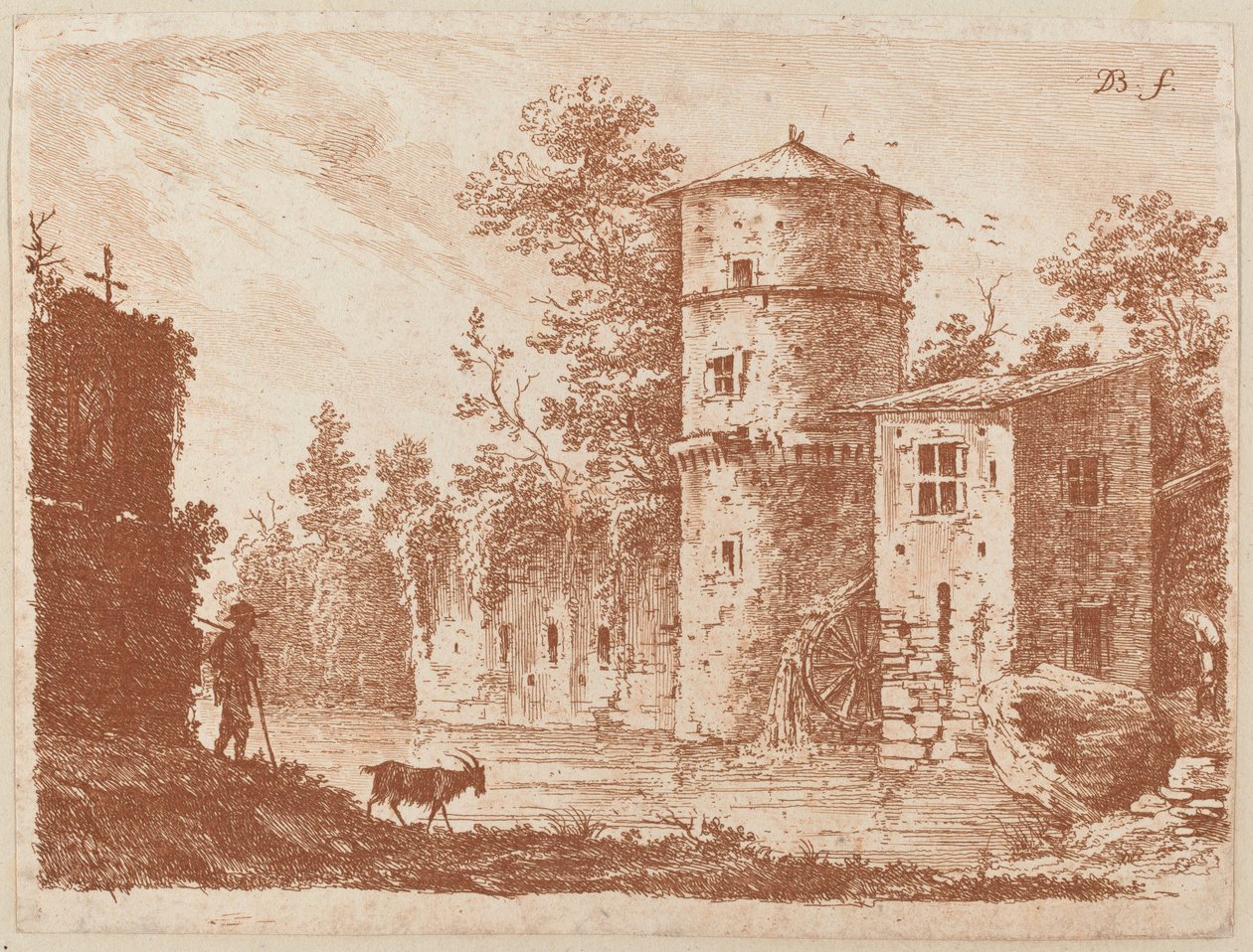 Antica torre a un mulino ad acqua da Jean Jacques de Boissieu