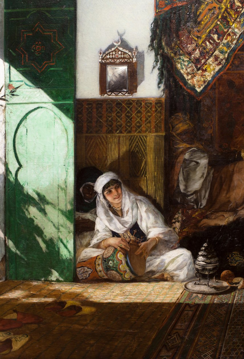 Interno di un harem in Marocco, particolare: donna che suona la derbouka da Jean Joseph Benjamin Constant