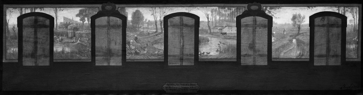 Bozzetto per il municipio di Fresnes: Le rive della Bièvre. Fresnes. Sulle rive della Bièvre. Le lavandaie. I selezionatori di farina. Le fattorie. La raccolta delle barbabietole da Jean Joseph Enders