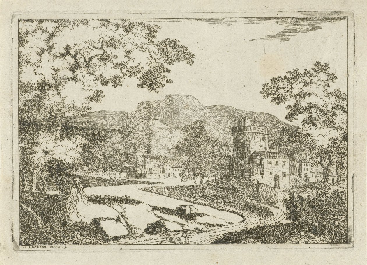 Paesaggio fluviale con case e torri da Jean Joseph Hanson