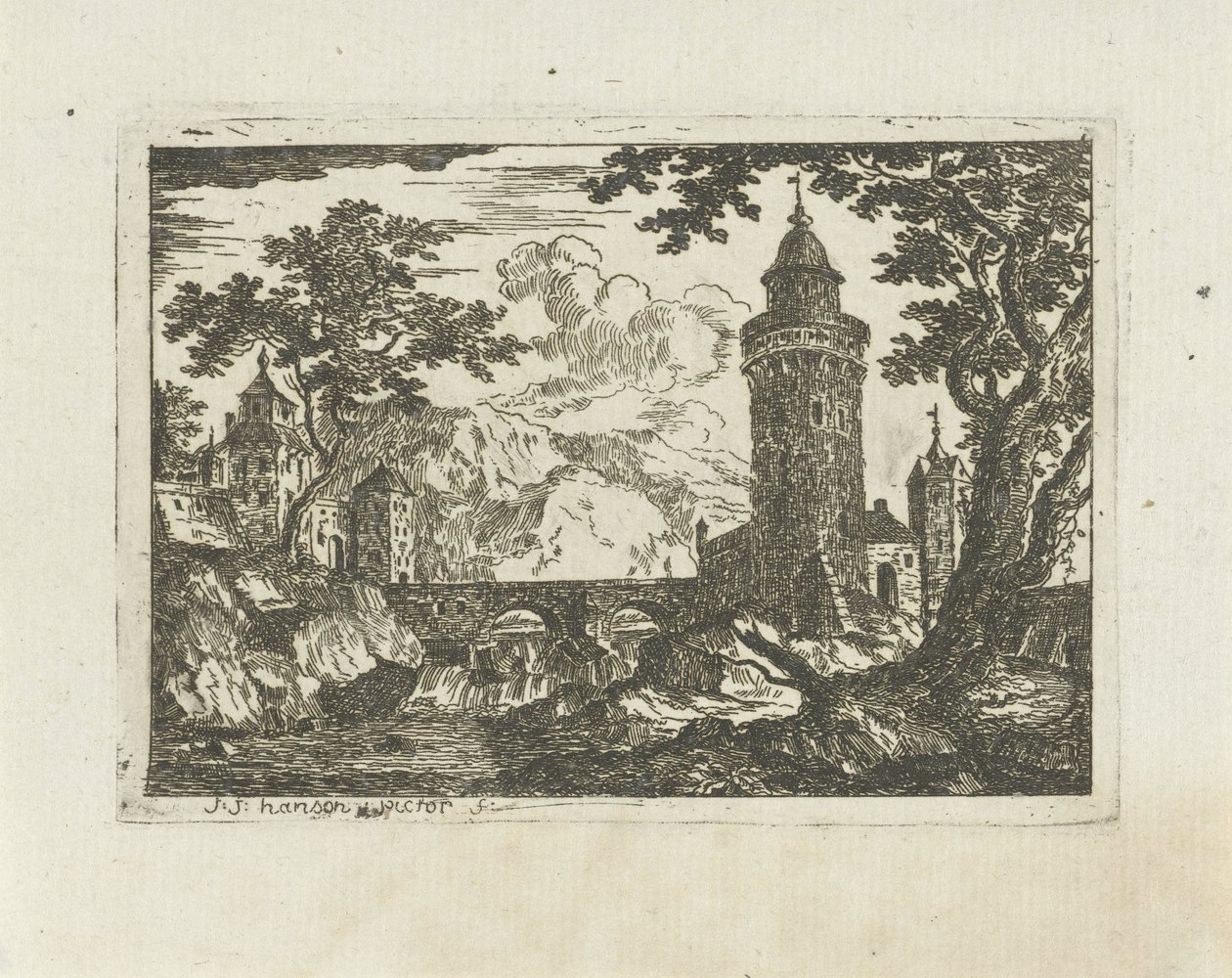 Torre e ponte di pietra in un paesaggio montano da Jean Joseph Hanson