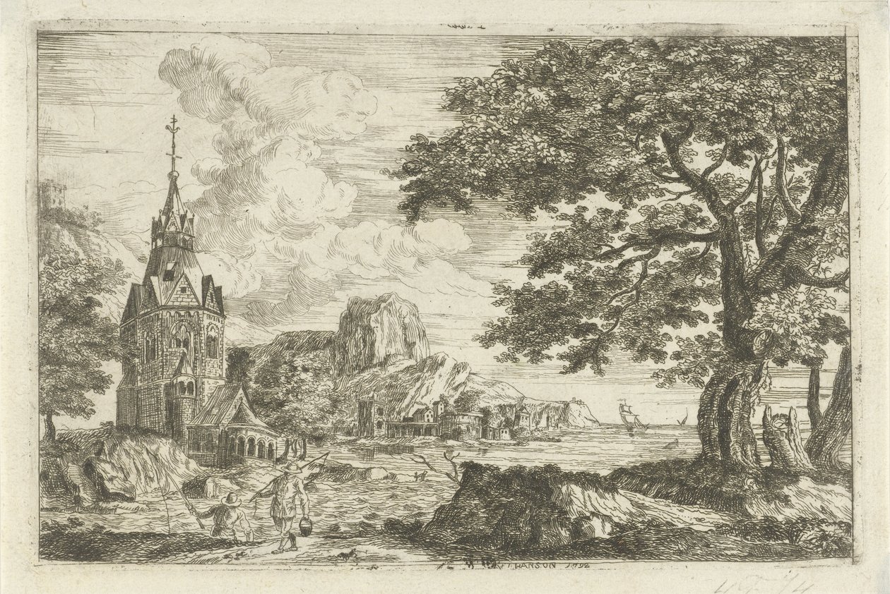 Pescatori presso una chiesa sulla costa da Jean Joseph Hanson