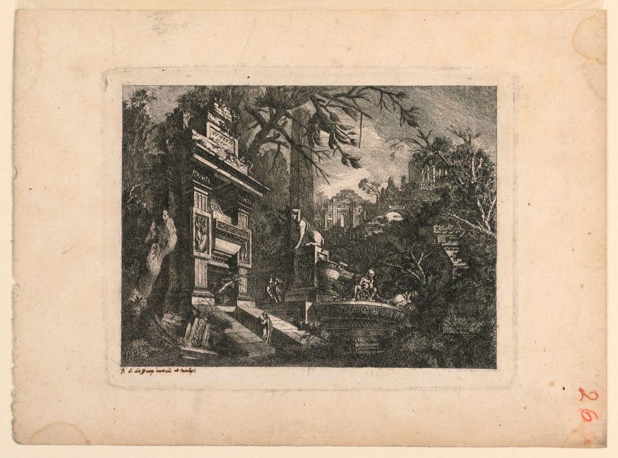 Fantasia architettonica con tomba e rovine, tavola da "Rovine Inventione de Giovan. Loren, Legeay Architet. Intagliate da lui stesso in Luce 1768" da Jean Laurent Legeay