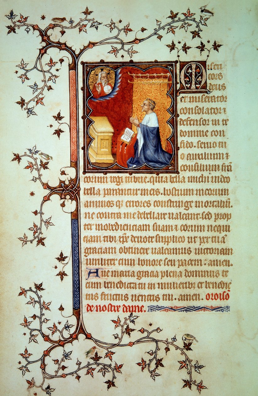 Duca Giovanni I di Berry (1340-1416) pregava davanti a Dio che lo benedice Miniatura dal manoscritto "Le Piccole Ore di Giovanni di Berry" circa 1375 da Jean Le and workshop (attr. to) Noir