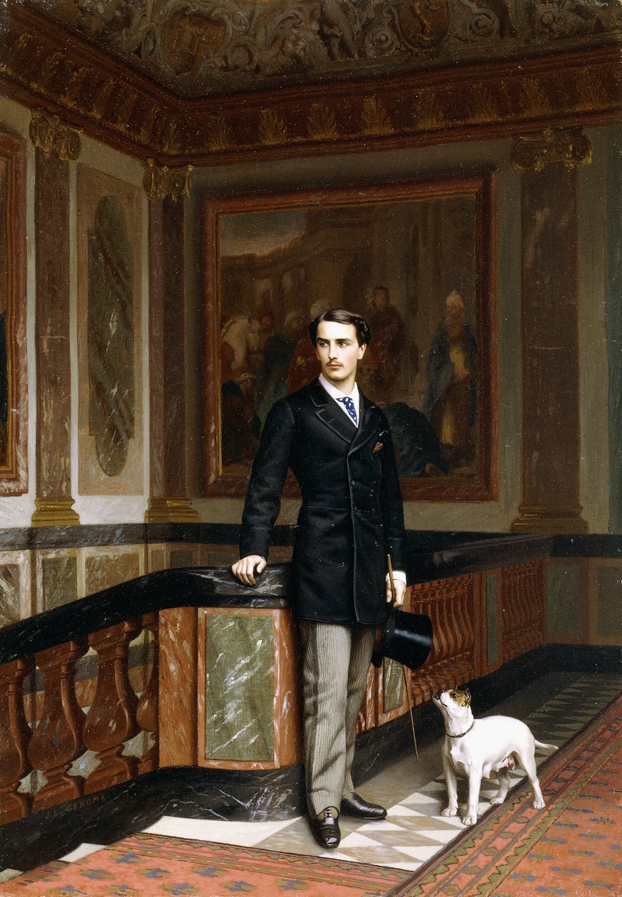 Conte de la Rouchefoucauld Duc de Doudeauville con il suo Terrier, c.1870s da Jean Leon Gerome