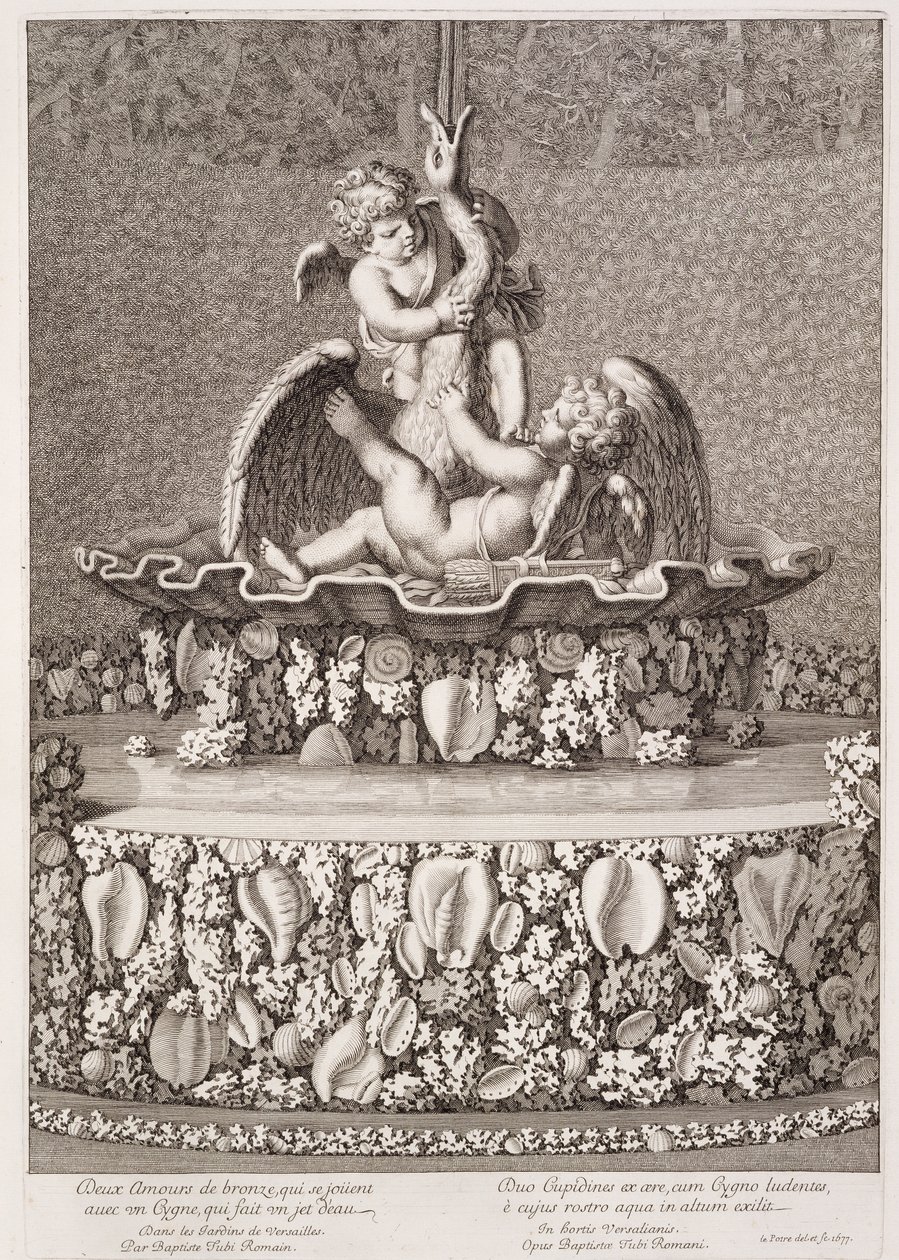Fontana con due cupidi e un cigno, progettata da Jean-Baptiste Tuby, a Versailles, 1677 da Jean Lepautre