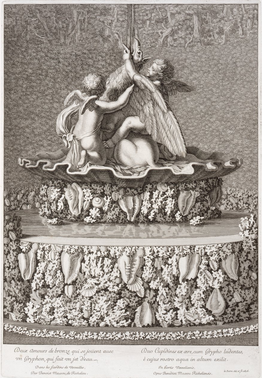 Fontana con due cupidi che giocano con un grifone, di Benoit Massou, a Versailles, 1676 da Jean Lepautre