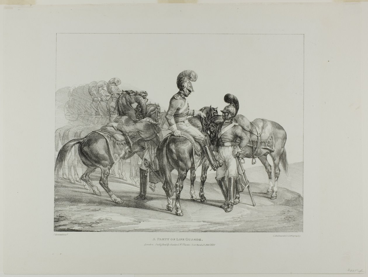 Un gruppo di guardie della vita, tavola 5 da Vari soggetti disegnati dal vero e su pietra (The English Suite) da Jean Louis André Théodore Géricault