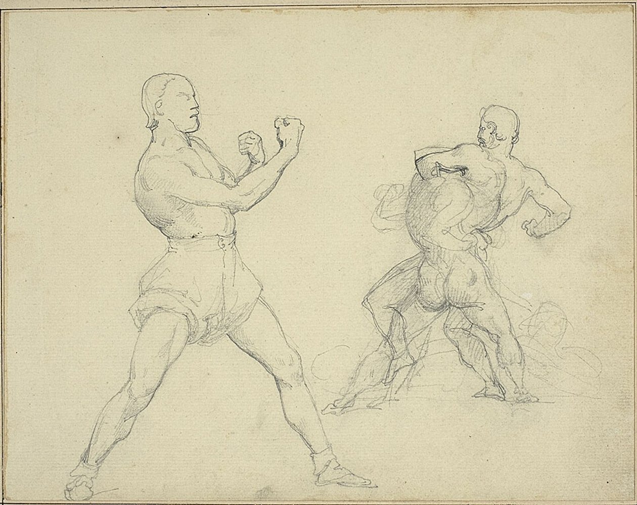 Pugile rivolto a destra e due uomini che lottano da Jean Louis André Théodore Géricault