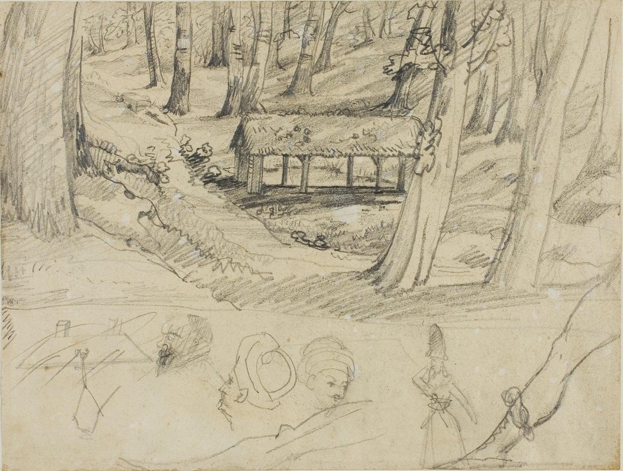 Interno della foresta con capanna di paglia e altri schizzi da Jean Louis André Théodore Géricault